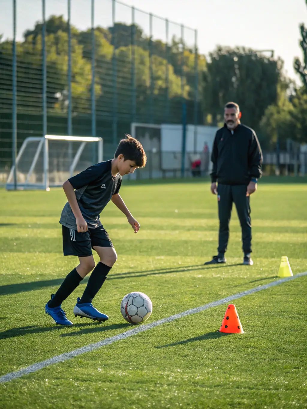Action shot of young soccer players (ages 6-8) participating in a fundamental skills training session at Seattle Pacific Soccer Academy, focusing on dribbling and ball control, with a coach providing guidance.